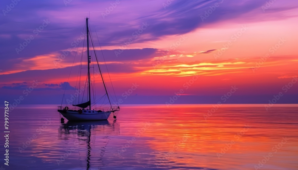 The sunset paints the sky and sea in shades of orange and purple, a vision of evening serenity, bright water color
