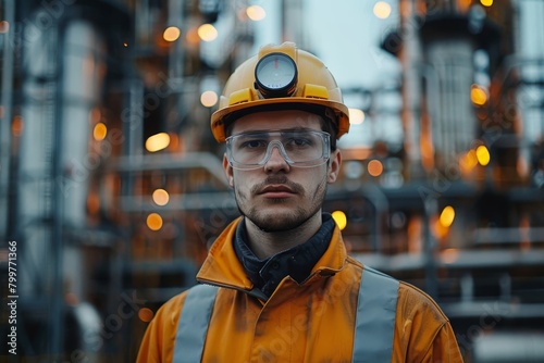 Refinery worker wearing uniform, protective eyeglasses and hard hat standing in front of the oil factory, Generative AI