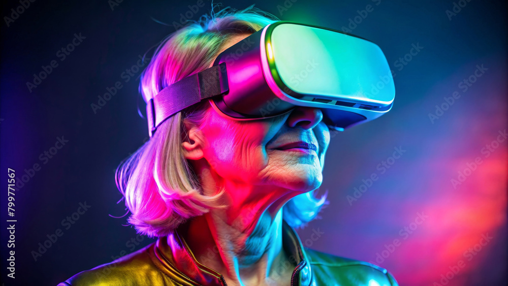 Senior woman enjoying VR headset gadget in cyberspace and virtual reality in neon color light. Concept of virtual reality and modern technology in old age Senior woman enjoying VR headset gadget in cyberspace and virtual reality in neon color light. Concept of virtual reality and modern technology in old age