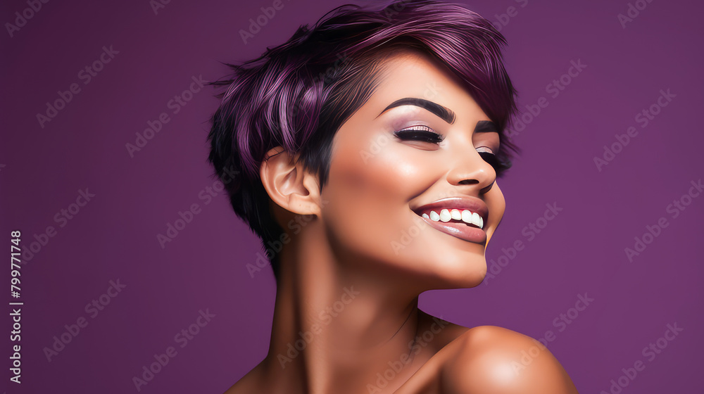 Beautiful, elegant, sexy Latina, Spain with short haircut, woman with perfect skin, purple background, banner. Beautiful, elegant, sexy Latina, Spain with short haircut, woman with perfect skin, purple background, banner.