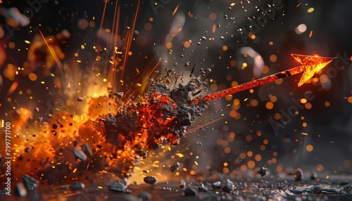 Use 3D rendering techniques to craft an original illustration of an explosive scene with an arrow symbol