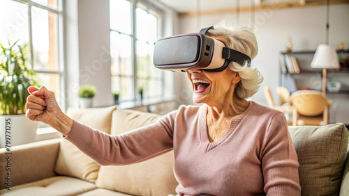Senior woman enjoying VR headset gadget at home. Elderly female having fun and playing metaverse gaming. Concept of virtual reality and modern technology in old age © Yekatseryna