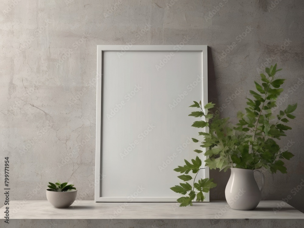 Interior poster mock up with vertical empty wooden frame standing on floor Interior poster mock up with vertical empty wooden frame standing on floor