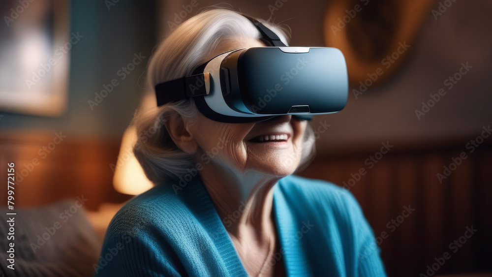Senior woman enjoying VR headset gadget at home. Elderly female having fun and playing metaverse gaming. Concept of virtual reality and modern technology in old age Senior woman enjoying VR headset gadget at home. Elderly female having fun and playing metaverse gaming. Concept of virtual reality and modern technology in old age