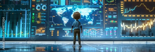 A 3Drendered character stands before a giant digital screen displaying market analytics, capturing the essence of business acumen in a hightech cartoon concept photo