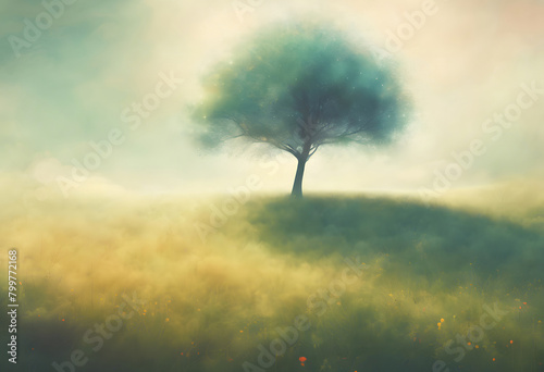 A tree in a meadow in summer, soft painting photo