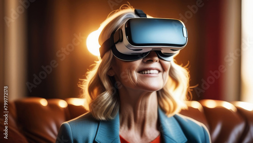 Senior woman enjoying VR headset gadget at home. Elderly female having fun and playing metaverse gaming. Concept of virtual reality and modern technology in old age