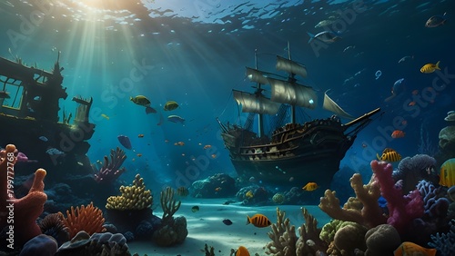 An underwater scene featuring a vibrant coral reef teeming with colorful fish and a sunken pirate ship in the background.