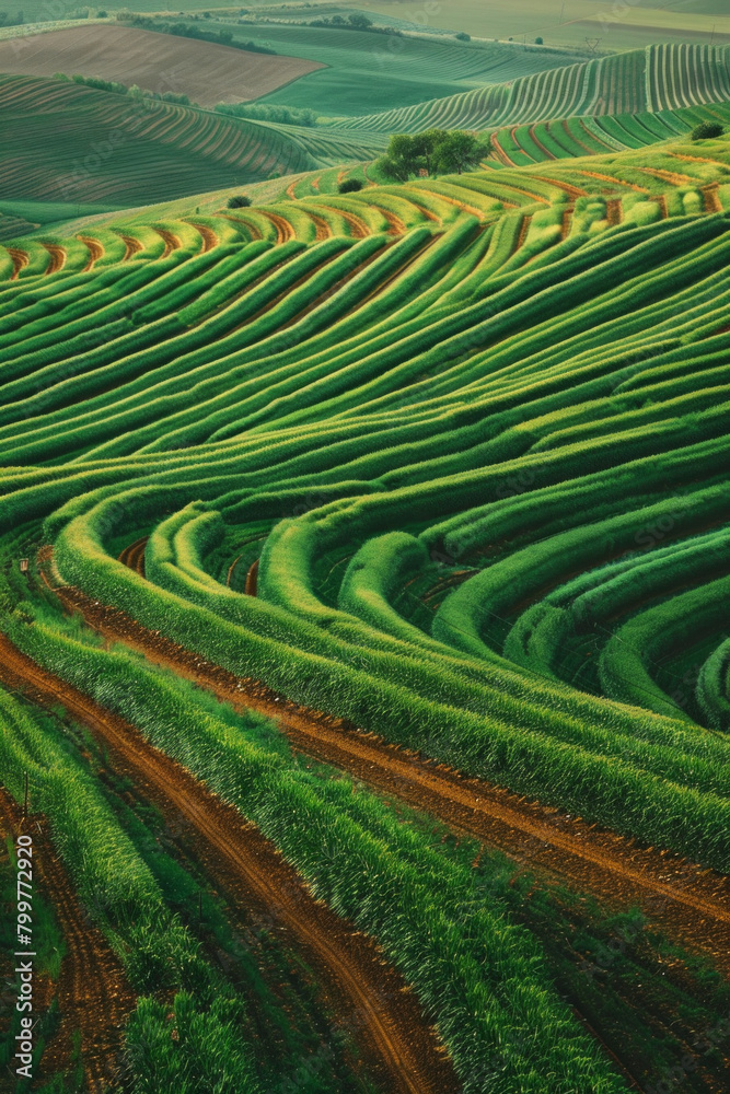 Fototapeta premium Aerial view of symmetrical rows of crops in a vast agricultural field, creating a mesmerizing pattern that stretches to the horizon.