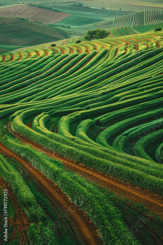 Aerial view of symmetrical rows of crops in a vast agricultural field  creating a mesmerizing pattern that stretches to the horizon.