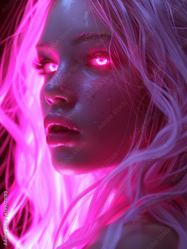 A portrait of a very beautiful gorgeous girl with pink soft hair and pink glowing iris in an surreal pink place with pink lights and purple tone and red vibe. A portrait of a very beautiful gorgeous girl with pink soft hair and pink glowing iris in an surreal pink place with pink lights and purple tone and red vibe.