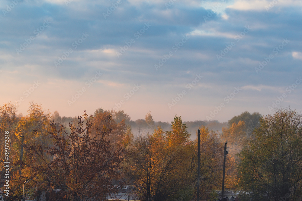 autumn landscape yellow trees with blue clouds