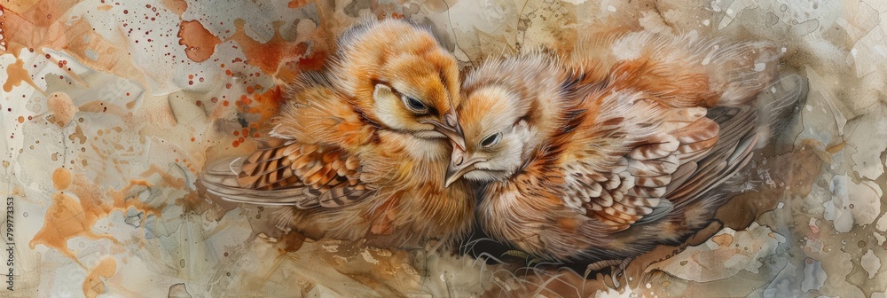A pair of chicks snuggle under a mother hen, their tiny beaks peeking out from her warm feathers, bright water color A pair of chicks snuggle under a mother hen, their tiny beaks peeking out from her warm feathers, bright water color