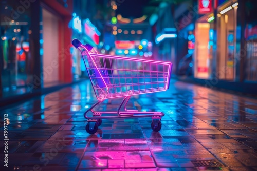 A neonlit shopping cart showcases ultramodern features, merging hightech with everyday convenience