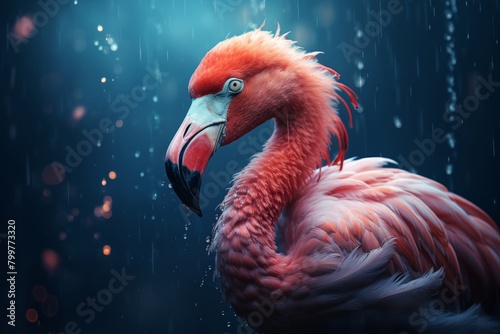 Ultra realistic flamingo close-up portrait with intricate textures in soft morning light