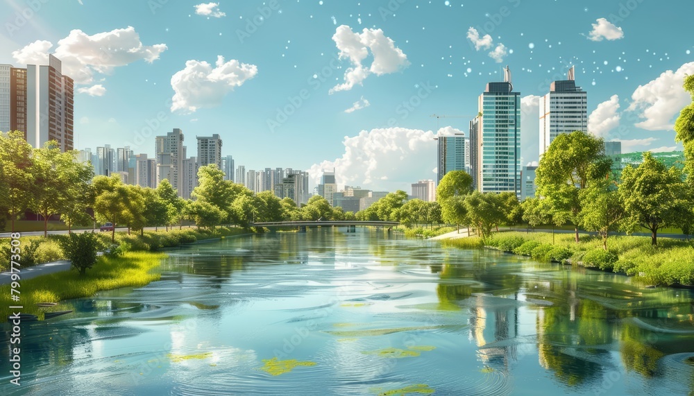 Fototapeta premium A river flows through a smart city, its water quality monitored by embedded IoT devices, blending natural elements with cuttingedge technology in a macro concept