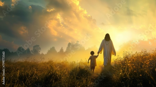 A symbolic stock photo of Jesus Christ and a child walking hand in hand towards eternity.  photo