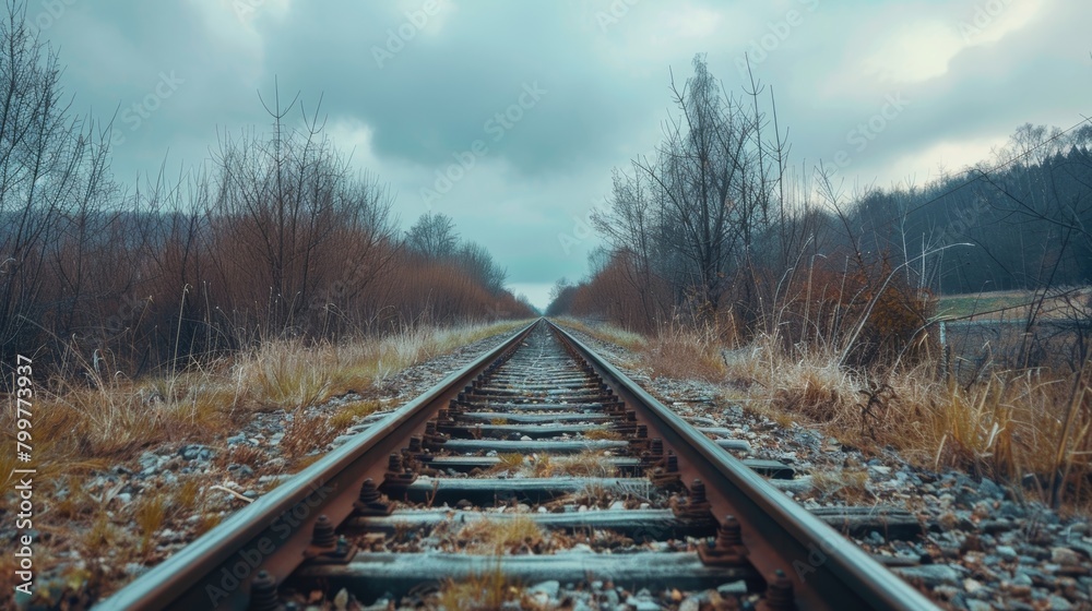 Fototapeta premium A train track runs through the center of a vast field, surrounded by lush green grass and under a clear blue sky. The straight path of the track disappears into the horizon in the distance.