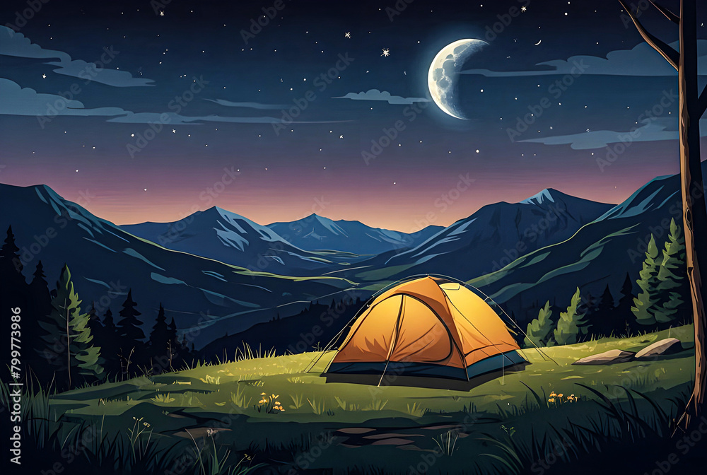 Illustrate a tent nestled in a mountain valley illuminated by the soft light of the moon against a deep blue evening sky vector art illustration image.
