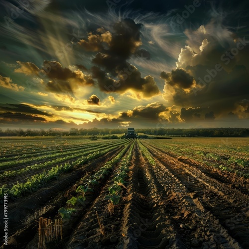 Across the open fields, farmers cultivate crops that stretch to the edges of sight, a testament to the bounty of the earth and human toil, background concept photo