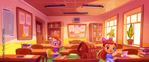 Little kids with books in school classroom. Cartoon vector illustration of cute child boy and girl in class interior with large windows, wooden desks and chairs, bulletin board and supplies. © klyaksun