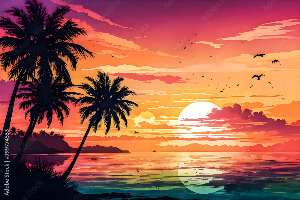 A panoramic view of a sunset over a tropical beach, with palm trees silhouetted against the colorful sky vector art illustration image.

