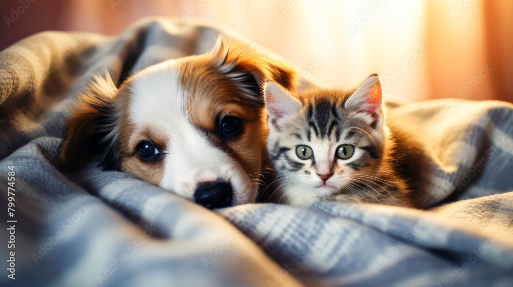 A happy, contented and cute kitten and puppy lie comfortably together under a blanket on the bed. A happy, contented and cute kitten and puppy lie comfortably together under a blanket on the bed.