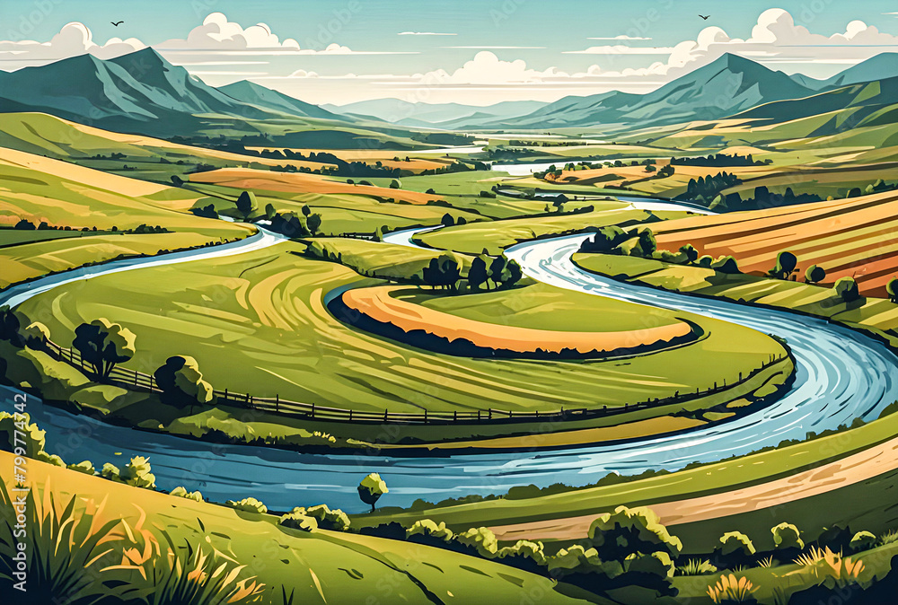 Ilustração do Stock: A peaceful countryside scene with rolling fields ...