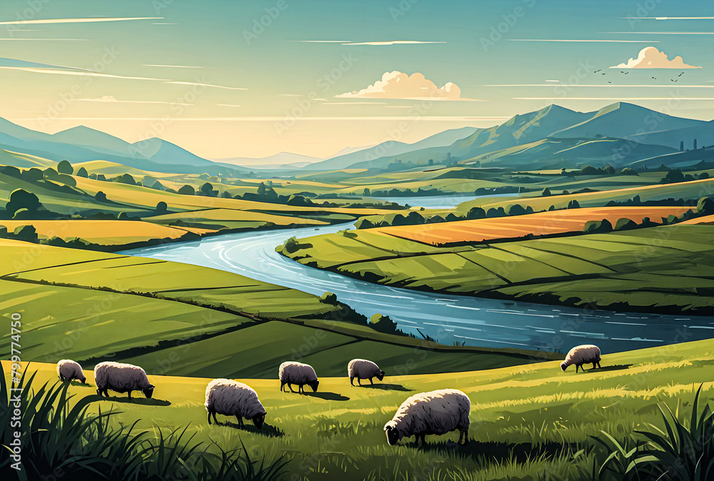 A peaceful countryside scene with rolling fields, grazing sheep, and a ...