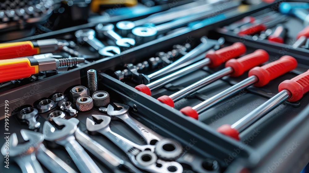 Fototapeta premium A close-up of tools neatly organized in the toolbox cart next to a modern car engine, highlighting efficiency in auto repair.