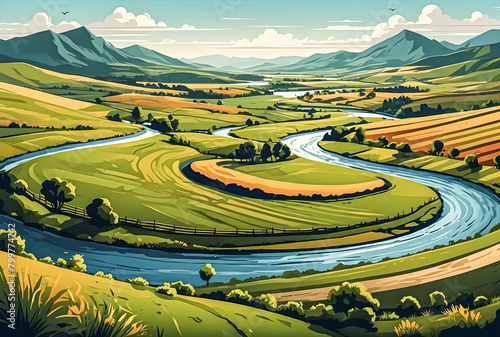 A peaceful countryside scene with rolling fields, grazing sheep, and a meandering river winding its way through the idyllic landscape vector art illustration image. 
