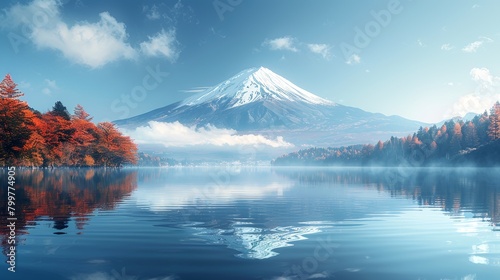 Fuji Mountain reflection on Lake Kawaguchiko calm water  Japan. Blue sky  Autumn 