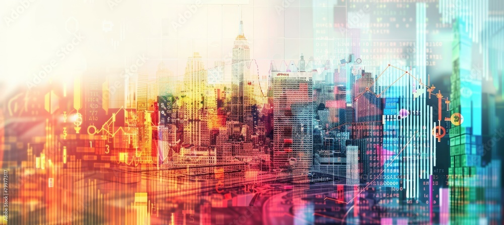 Fototapeta premium Colorful smart city double exposure. Generative AI technology. 