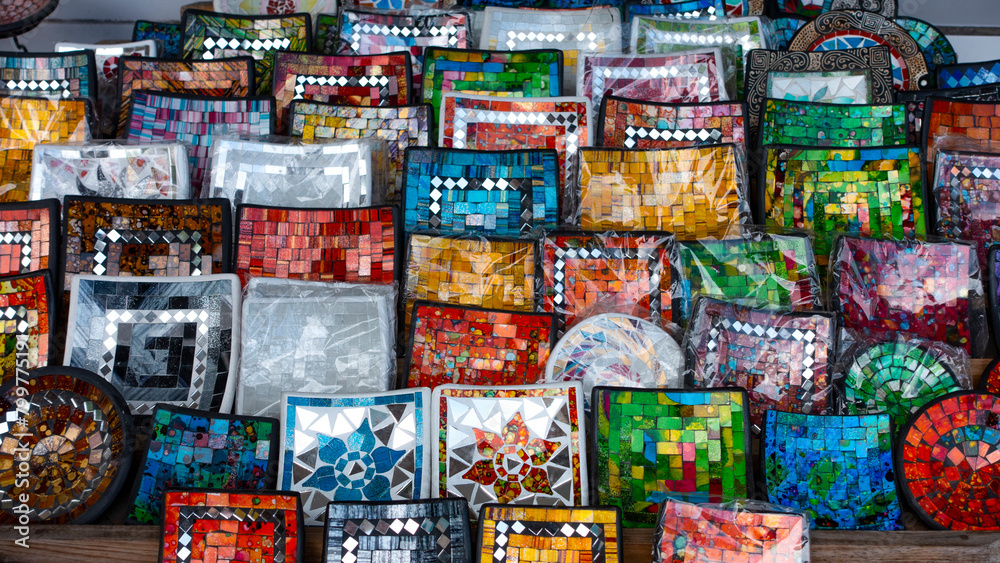 Typical souvenir shop selling souvenirs and handicrafts of Bali at markets, Indonesia.