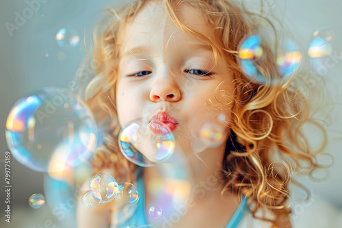 Portrait of funny lovely little girl blowing soap bubbles photo