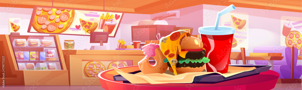 Fast food cafe interior with burger and counter. Restaurant design ...