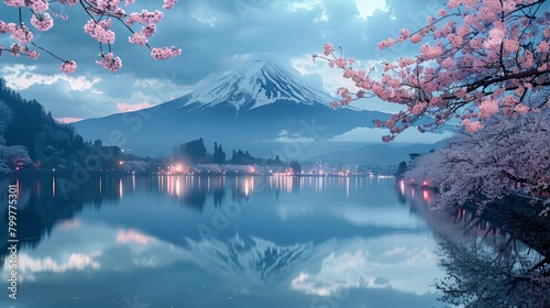 Fuji Mount and cherry blossom reflection on Lake Kawaguchiko  Japan. Blue sky  Spring  Sakura