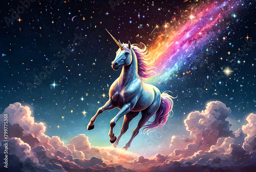 A celestial unicorn riding a rainbow comet through the vast expanse of space, surrounded by glittering constellations vector art illustration image.  © Ariyan