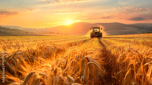 Wheat field at sunset, agricultural fields with tractor, Harvester machine working at wheat field.