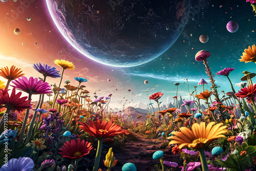 A cosmic garden filled with rainbow-colored flowers blooming on alien planets, with strange creatures frolicking among the petals vector art illustration image.
 photo