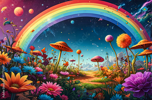 A cosmic garden filled with rainbow-colored flowers blooming on alien planets  with strange creatures frolicking among the petals vector art illustration image. 