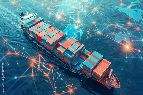 AI technology. Global Logistics international delivery concept, World map logistic and supply chain network distribution container Ship running for export import to customs cean concept technology
