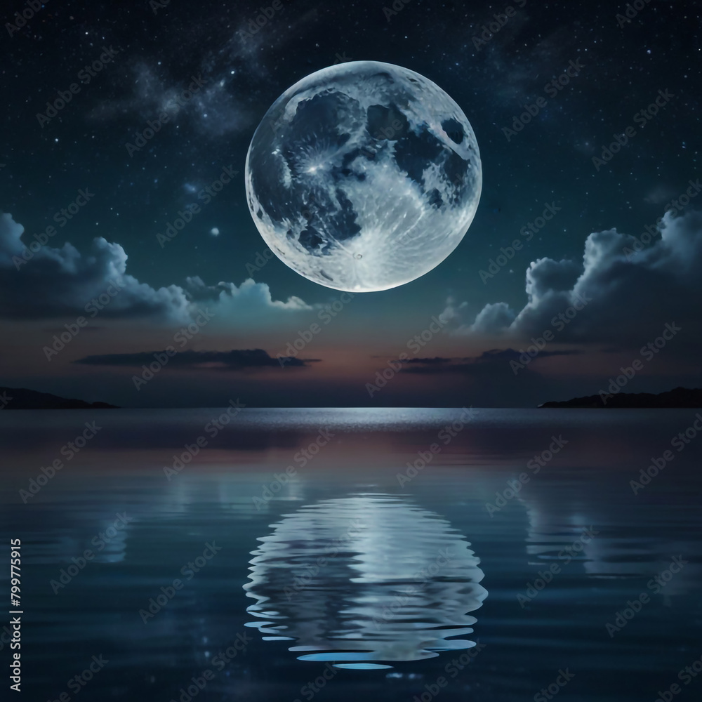 Romantic Moon With Clouds and Starry Sky Over Sparkling Blue Water Romantic Moon With Clouds and Starry Sky Over Sparkling Blue Water