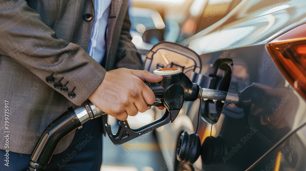 Fototapeta premium A detail-oriented image showing the businessman checking the fuel quality and pump settings before refueling his car.