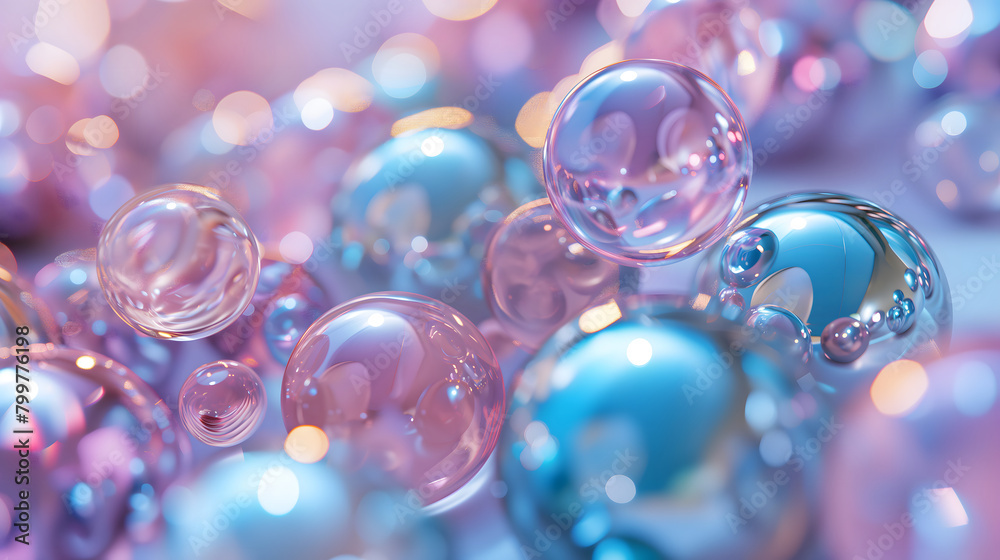Bubbles in Water with Shiny Pink and Blue Spheres Bubbles in Water with Shiny Pink and Blue Spheres
