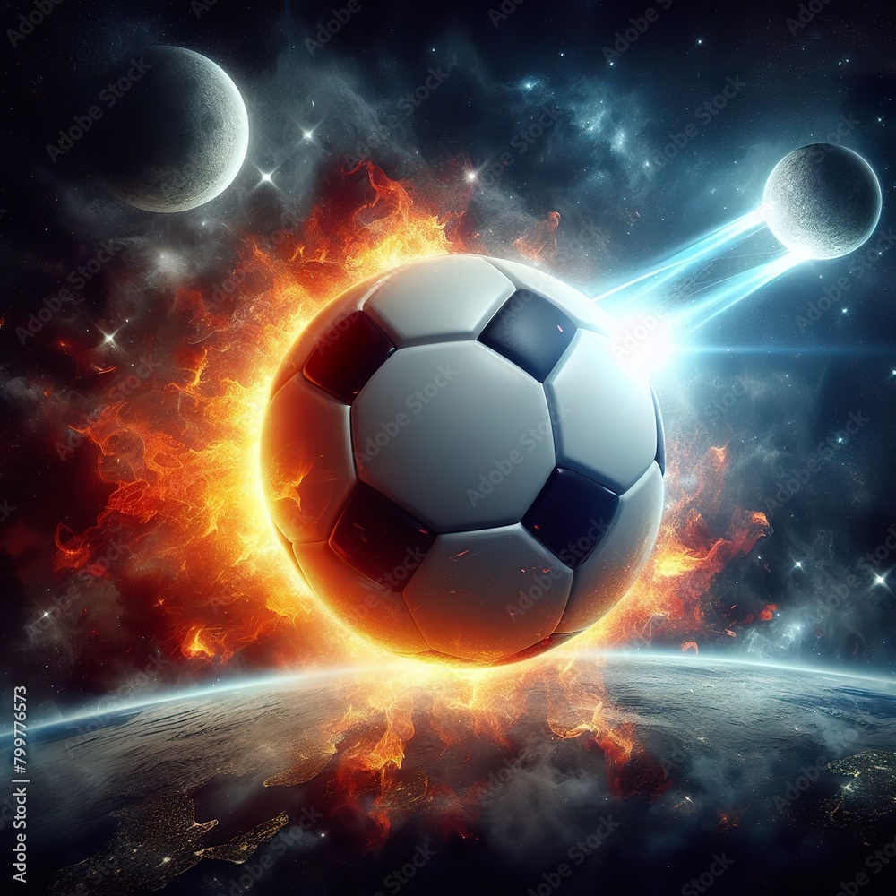 Naklejka premium a photo realistic soccer ball as a planet in space with fire and explosions digital art
