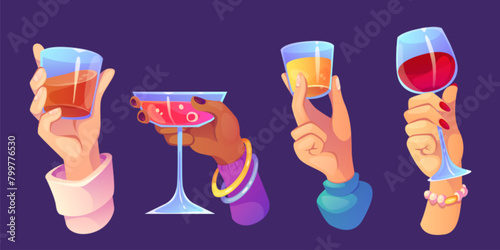 Set of hands with cocktail glasses isolated on background. Vector cartoon illustration of male and female fingers holding glass cups with alcohol drinks, fruit juice, cold beverages, part guests © klyaksun