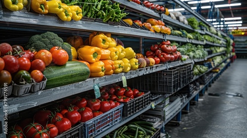Fototapeta Naklejka Na Ścianę i Meble -  Rows of shelves in a wholesale warehouse stocked with a variety of vegetables and fruits for sale. Generative AI.