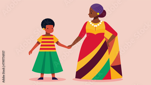 A young girl wearing a flowy multilayered Boubou dress in bright colors holding hands with an older woman in a traditional Kente cloth scarf and. Vector illustration