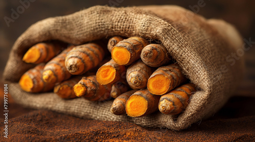 Fresh turmeric rhizomes spilling from burlap sack. fresh turmeric rhizomes partially contained in a rustic burlap sack on a brown background photo